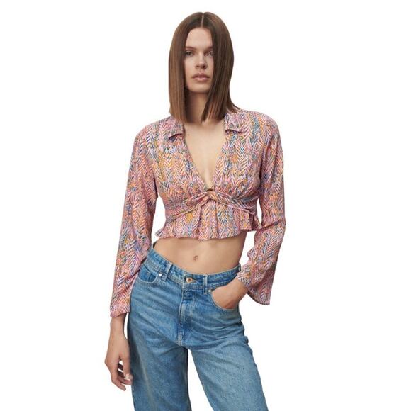 Zara Printed Long Sleeve Collared Neckline Wooden Buckle Crop Blouse Sz S - Picture 1 of 7